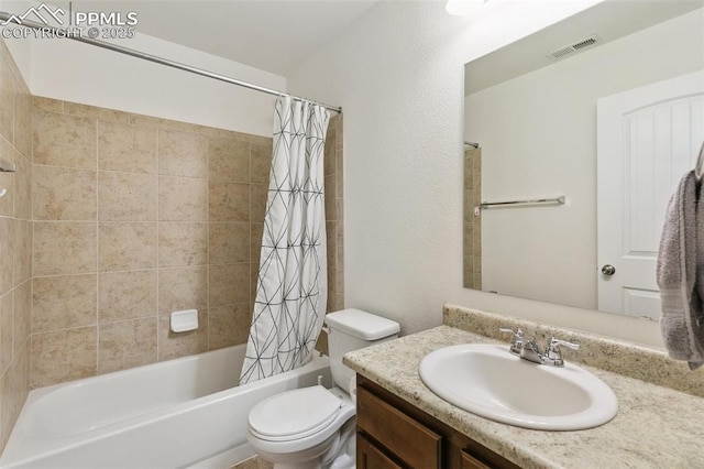 3748 Reindeer Cir, Colorado Springs, CO 80922 - bathroom featuring vanity, toilet, and shower / bathtub combination with curtain