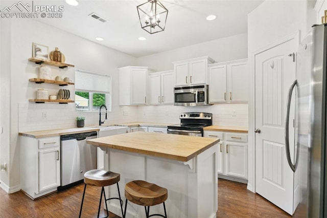 3748 Reindeer Cir, Colorado Springs, CO 80922 - kitchen featuring wood counters, stainless steel appliances, a sink, dark wood-style floors, and recessed lighting