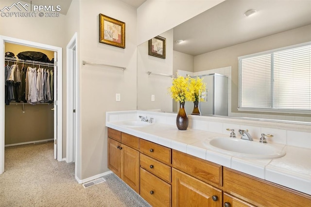 10290 Peach Blossom Trl, Colorado Springs, CO 80920 - full bathroom featuring double vanity, a shower stall, and a walk in closet