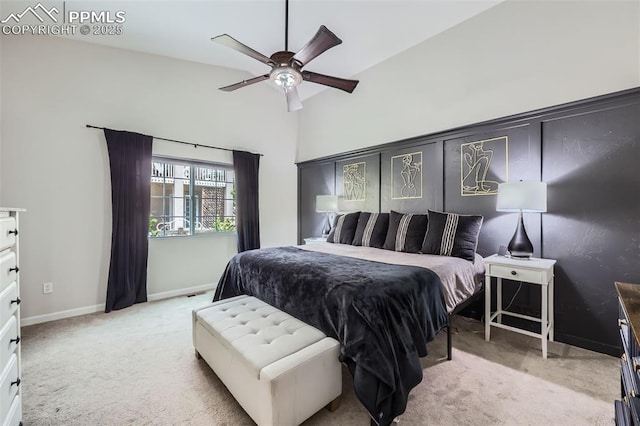8084 Cinnamon Ct, Colorado Springs, CO 80927 - carpeted bedroom featuring baseboards, a towering ceiling, and ceiling fan