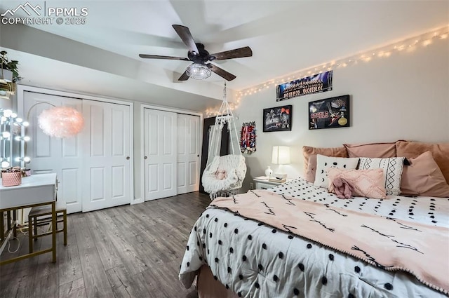 8084 Cinnamon Ct, Colorado Springs, CO 80927 - bedroom featuring two closets, wood finished floors, and ceiling fan
