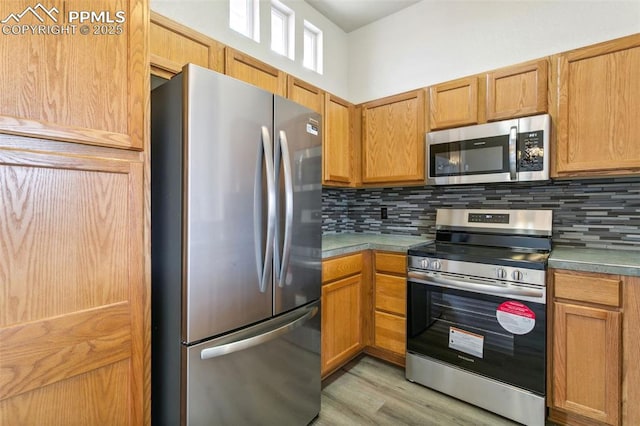 4710 Sand Mountain Pt, Colorado Springs, CO 80923 - kitchen with appliances with stainless steel finishes, tasteful backsplash, light wood-style floors, and brown cabinets