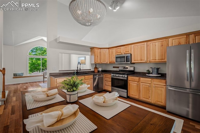 4125 Cricket Ct, Colorado Springs, CO 80918 - kitchen featuring stainless steel appliances, dark countertops, high vaulted ceiling, wood finished floors, and a chandelier