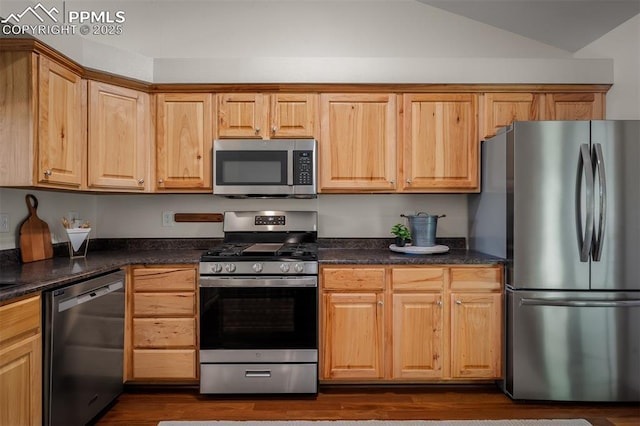 4125 Cricket Ct, Colorado Springs, CO 80918 - kitchen with stainless steel appliances, dark countertops, dark wood finished floors, and vaulted ceiling