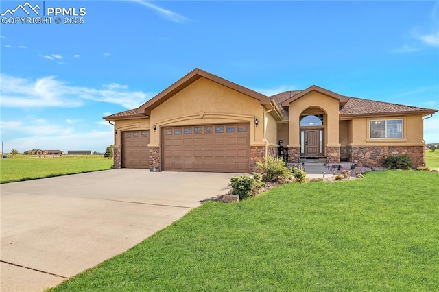 16255 Ridge Run Dr, Colorado Springs, CO 80908 - view of front of house featuring stone siding, stucco siding, an attached garage, and a front yard