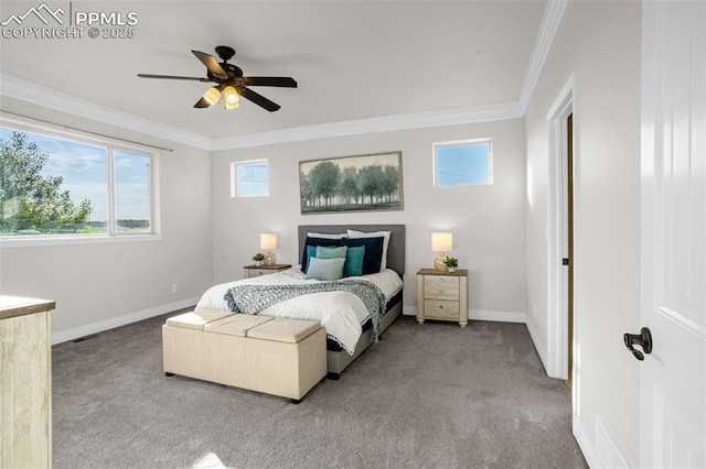 16255 Ridge Run Dr, Colorado Springs, CO 80908 - carpeted bedroom with ornamental molding and ceiling fan