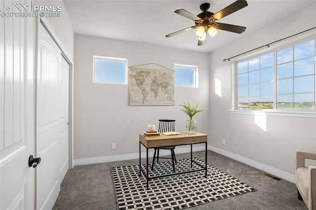 16255 Ridge Run Dr, Colorado Springs, CO 80908 - carpeted home office with ceiling fan and baseboards