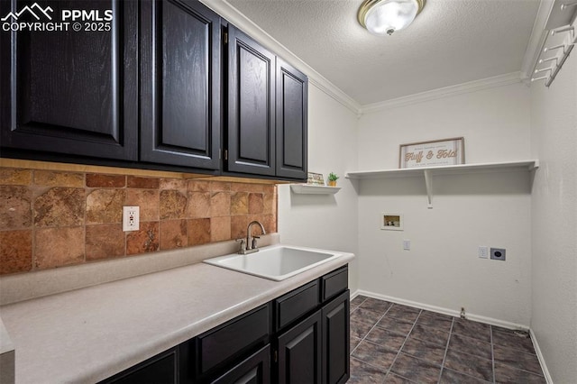 206 Luxury Ln, Colorado Springs, CO 80921 - washroom with hookup for a washing machine, cabinet space, ornamental molding, hookup for an electric dryer, and a textured ceiling