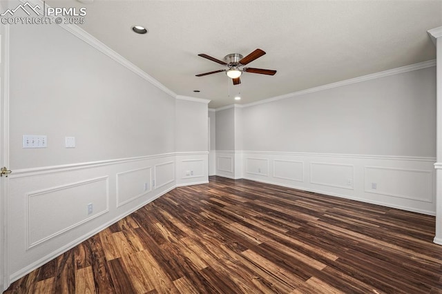 206 Luxury Ln, Colorado Springs, CO 80921 - empty room with a ceiling fan, dark wood-style floors, ornamental molding, a wainscoted wall, and recessed lighting