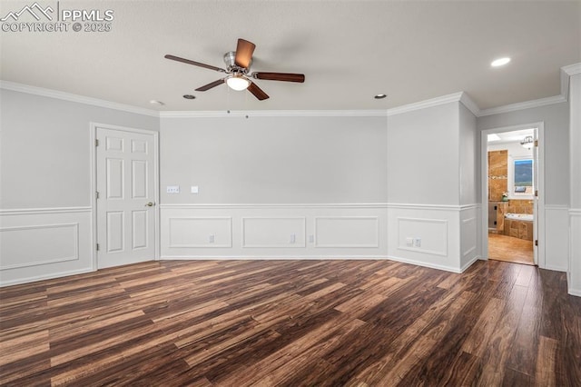 206 Luxury Ln, Colorado Springs, CO 80921 - empty room featuring wood finished floors, a ceiling fan, recessed lighting, a wainscoted wall, and ornamental molding