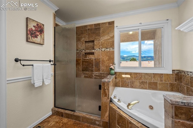 206 Luxury Ln, Colorado Springs, CO 80921 - full bath with crown molding, a shower stall, and a whirlpool tub