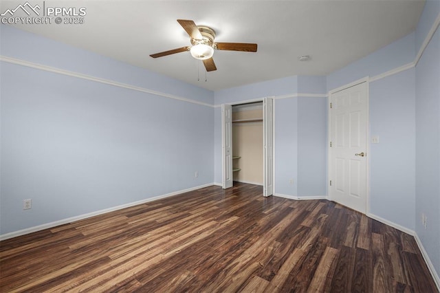 206 Luxury Ln, Colorado Springs, CO 80921 - unfurnished bedroom with wood finished floors, a closet, and a ceiling fan