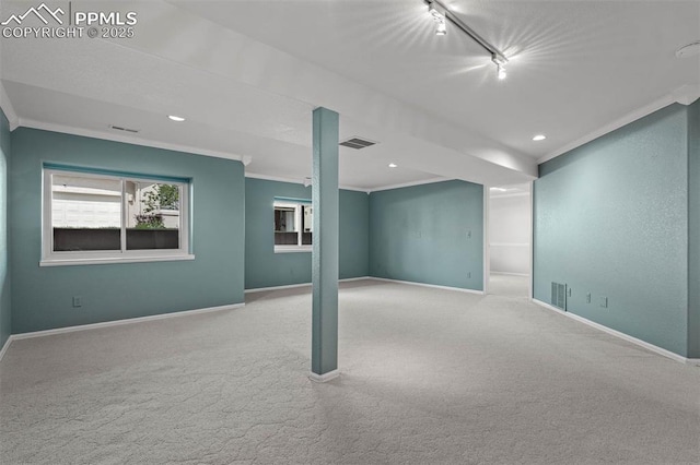 206 Luxury Ln, Colorado Springs, CO 80921 - basement featuring carpet, rail lighting, ornamental molding, and recessed lighting