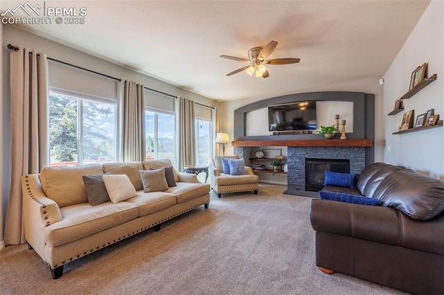 14095 Gleneagle Dr, Colorado Springs, CO 80921 - living room featuring carpet flooring, ceiling fan, and a fireplace