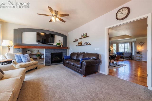 14095 Gleneagle Dr, Colorado Springs, CO 80921 - living room featuring carpet flooring, ceiling fan, and a fireplace