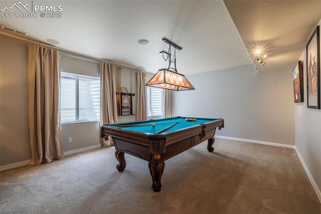 14095 Gleneagle Dr, Colorado Springs, CO 80921 - rec room with light colored carpet, billiards, and a textured ceiling