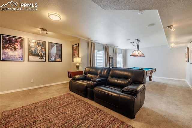 14095 Gleneagle Dr, Colorado Springs, CO 80921 - home theater featuring light colored carpet, billiards table, and a textured ceiling