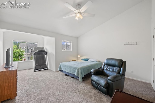 1749 Victorian Pt, Colorado Springs, CO 80905 - bedroom with carpet flooring, multiple windows, vaulted ceiling, and ceiling fan