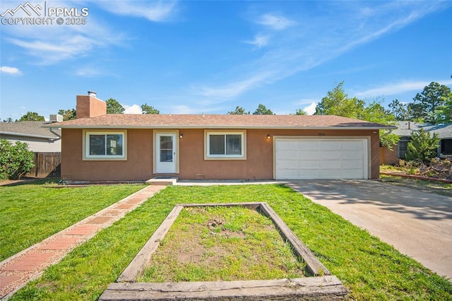 3014 N Moonbeam Cir, Colorado Springs, CO 80916 - single story home with stucco siding, a garage, a chimney, and driveway