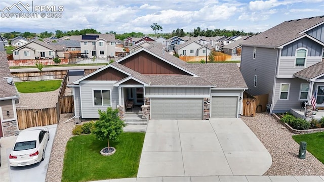 6862 Simcoe Dr, Colorado Springs, CO 80925 - view of front of home with a residential view, an attached garage, board and batten siding, driveway, and a shingled roof