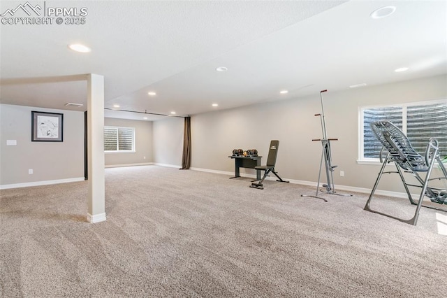 6862 Simcoe Dr, Colorado Springs, CO 80925 - workout room featuring carpet flooring, baseboards, and recessed lighting