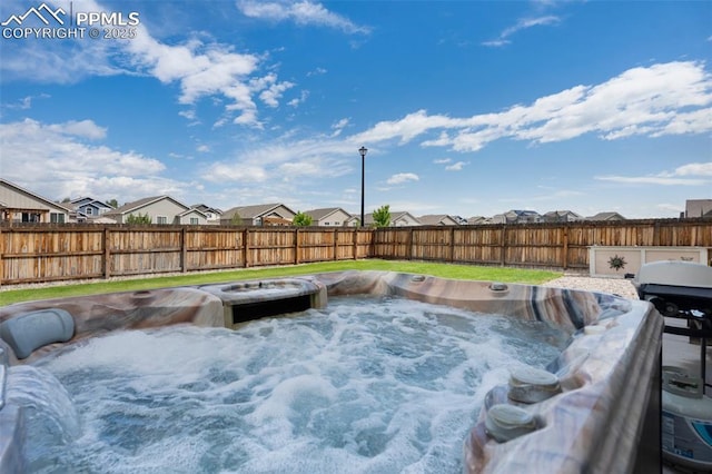 6862 Simcoe Dr, Colorado Springs, CO 80925 - view of swimming pool with a hot tub, a residential view, and a fenced backyard