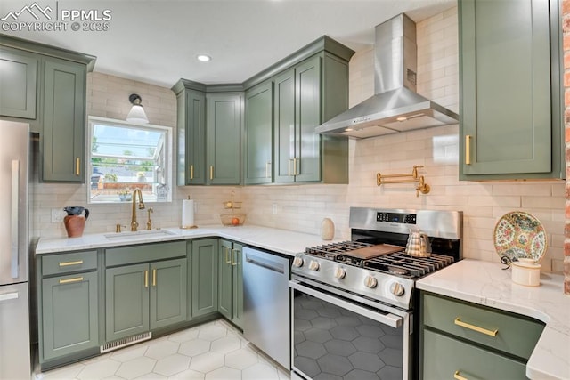 1445 N Foote Ave, Colorado Springs, CO 80909 - kitchen with appliances with stainless steel finishes, green cabinetry, wall chimney exhaust hood, tasteful backsplash, and recessed lighting