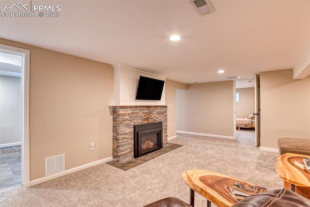 1445 N Foote Ave, Colorado Springs, CO 80909 - carpeted living room featuring a fireplace and recessed lighting