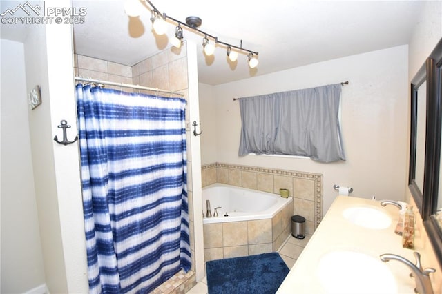 719 Lansing Dr, Colorado Springs, CO 80909 - full bathroom with a bath, curtained shower, double vanity, and tile patterned flooring