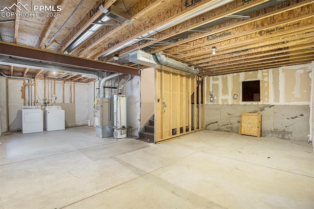 4585 W Jet Wing Cir, Colorado Springs, CO 80916 - unfinished below grade area featuring washer and clothes dryer, stairs, and heating unit