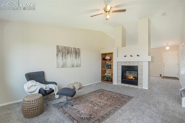 4585 W Jet Wing Cir, Colorado Springs, CO 80916 - living area with carpet floors, lofted ceiling, ceiling fan, and baseboards
