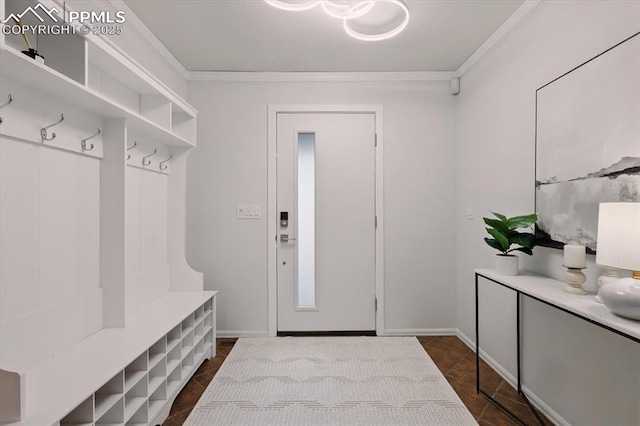78 Raven Hills Ct, Colorado Springs, CO 80919 - mudroom featuring dark tile patterned floors and crown molding