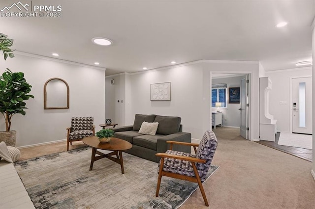 78 Raven Hills Ct, Colorado Springs, CO 80919 - living area featuring crown molding, recessed lighting, and light carpet