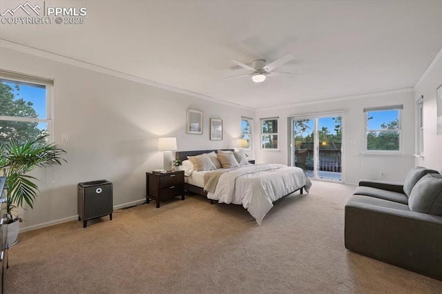 78 Raven Hills Ct, Colorado Springs, CO 80919 - carpeted bedroom featuring access to outside, crown molding, multiple windows, and a ceiling fan