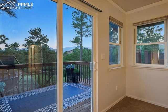 78 Raven Hills Ct, Colorado Springs, CO 80919 - doorway with ornamental molding and carpet