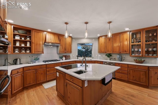78 Raven Hills Ct, Colorado Springs, CO 80919 - kitchen with stainless steel appliances, brown cabinetry, premium range hood, backsplash, and recessed lighting