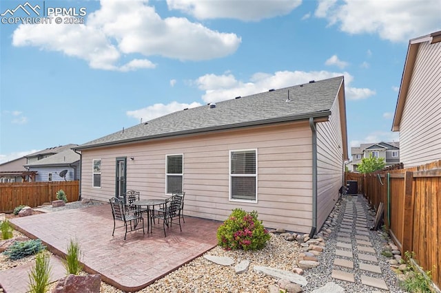 7845 Morning Dew Rd, Colorado Springs, CO 80908 - rear view of property featuring a patio, a fenced backyard, and a shingled roof