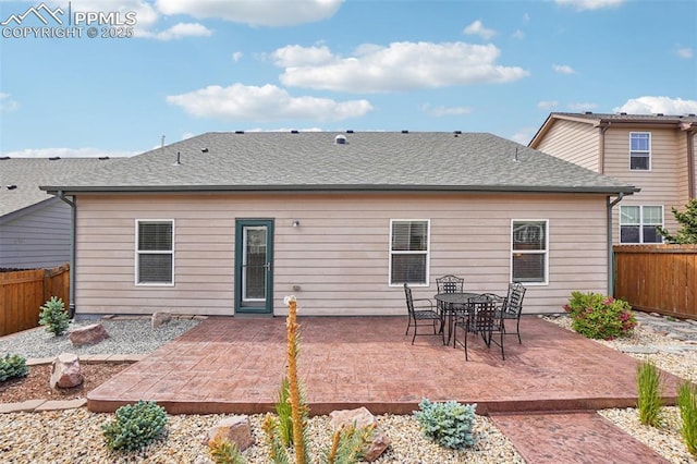 7845 Morning Dew Rd, Colorado Springs, CO 80908 - rear view of property featuring a patio, a fenced backyard, and a shingled roof