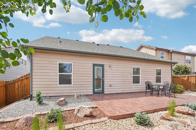 7845 Morning Dew Rd, Colorado Springs, CO 80908 - back of property with a patio area, a fenced backyard, and roof with shingles