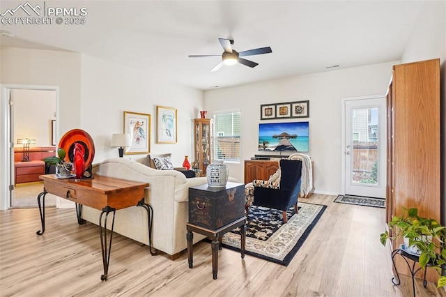7845 Morning Dew Rd, Colorado Springs, CO 80908 - living area featuring ceiling fan, light wood-type flooring, and healthy amount of natural light
