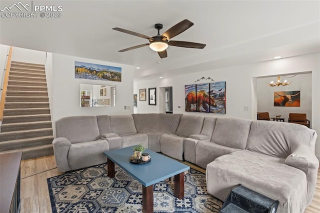 1607 W Pikes Peak Ave, Colorado Springs, CO 80904 - living area with a chandelier, wood finished floors, stairway, ceiling fan, and recessed lighting