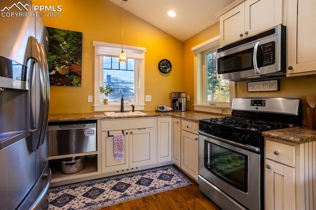 1607 W Pikes Peak Ave, Colorado Springs, CO 80904 - kitchen featuring appliances with stainless steel finishes, lofted ceiling, plenty of natural light, dark wood-style flooring, and pendant lighting