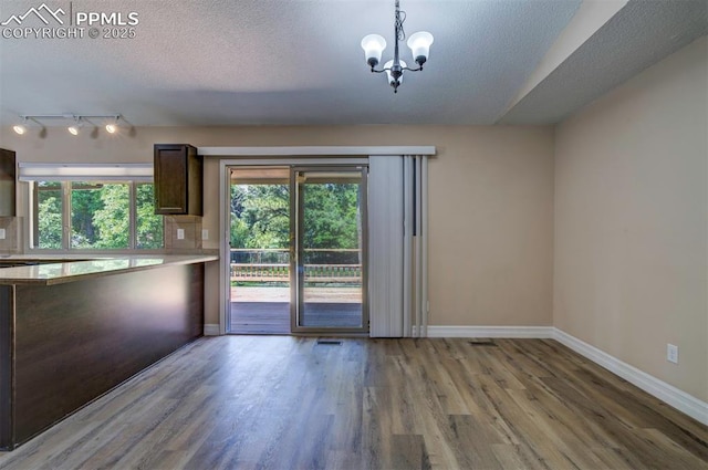 2928 Nevermind Ln, Colorado Springs, CO 80917 - unfurnished dining area with wood finished floors, a textured ceiling, healthy amount of natural light, a chandelier, and track lighting