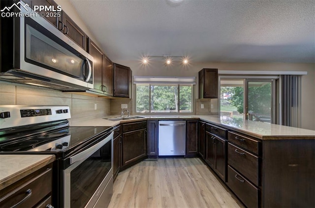 2928 Nevermind Ln, Colorado Springs, CO 80917 - kitchen featuring stainless steel appliances, light wood-style floors, dark brown cabinets, decorative backsplash, and a peninsula