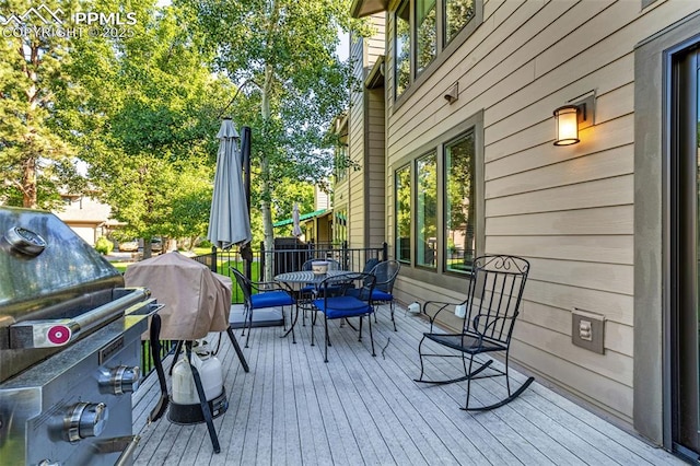 55 Woodbridge Dr, Colorado Springs, CO 80906 - wooden deck featuring outdoor dining area and area for grilling