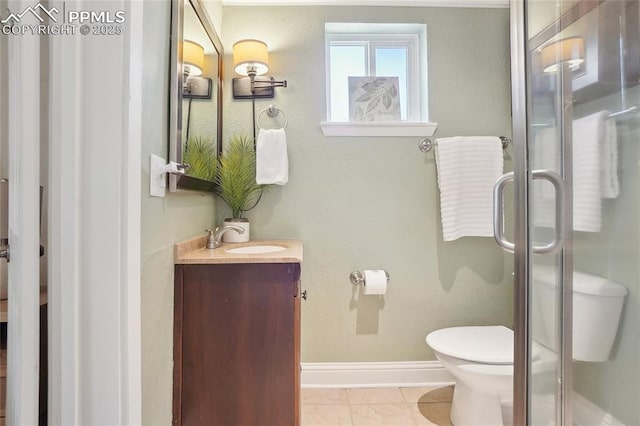 2144 Glenn St, Colorado Springs, CO 80904 - full bathroom with vanity, toilet, a stall shower, tile patterned floors, and baseboards