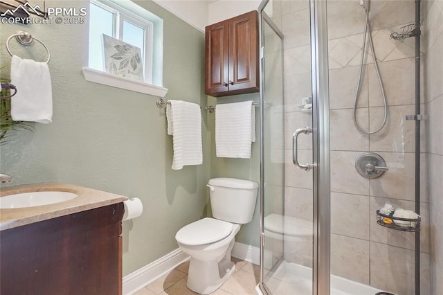 2144 Glenn St, Colorado Springs, CO 80904 - bathroom with toilet, a stall shower, vanity, tile patterned floors, and baseboards