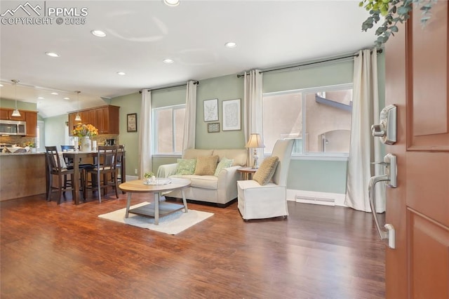 2144 Glenn St, Colorado Springs, CO 80904 - living area featuring recessed lighting, dark wood-style flooring, and baseboards
