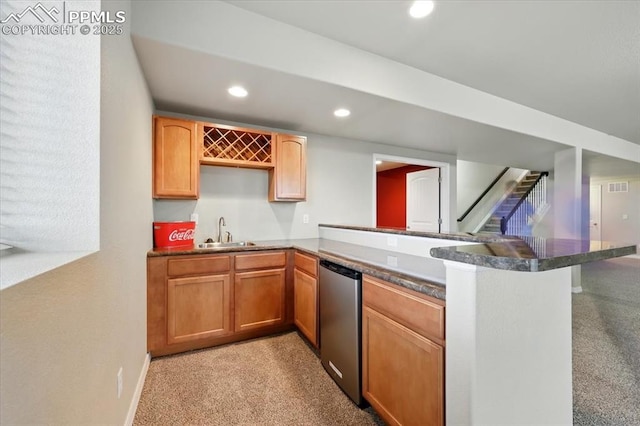 13080 Mt Harvard Dr, Peyton, CO 80831 - indoor wet bar with light colored carpet, recessed lighting, refrigerator, and stairs