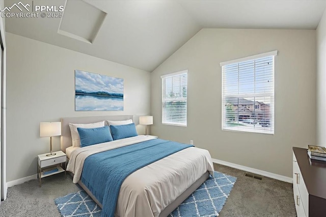 13080 Mt Harvard Dr, Peyton, CO 80831 - bedroom with carpet flooring, vaulted ceiling, and attic access